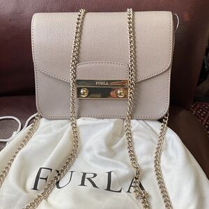 Furla Light Grey Crossbody Bag with Gold Chain and Dust bag
